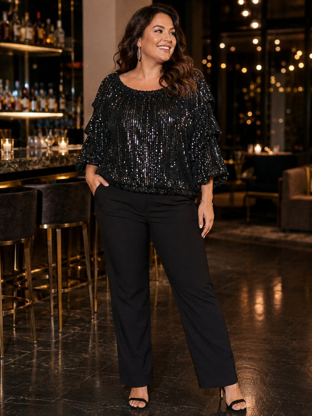 CeCe Black Sequin Top Large Statement Ruffle Sleeve Party Cocktail